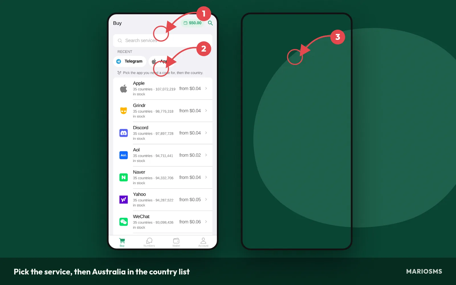 Choosing Australia in the MarioSMS app