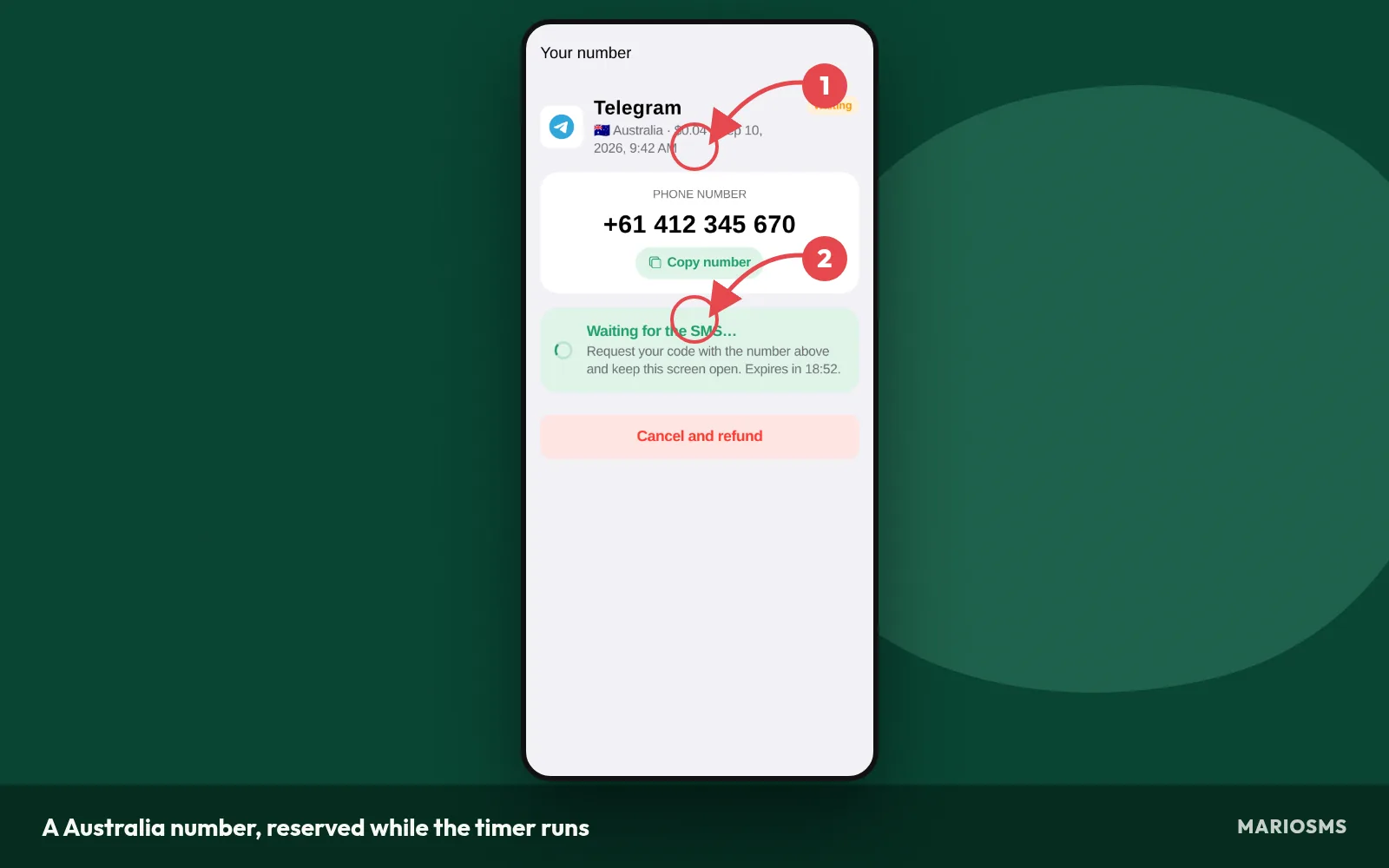 A Australia number waiting for an SMS code