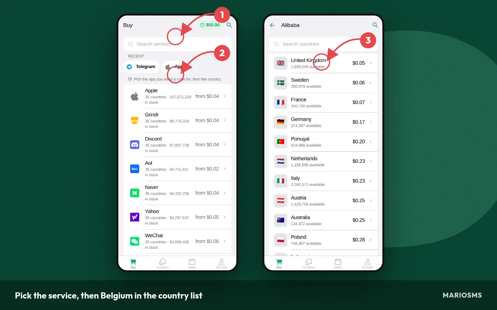 Choosing Belgium in the MarioSMS app