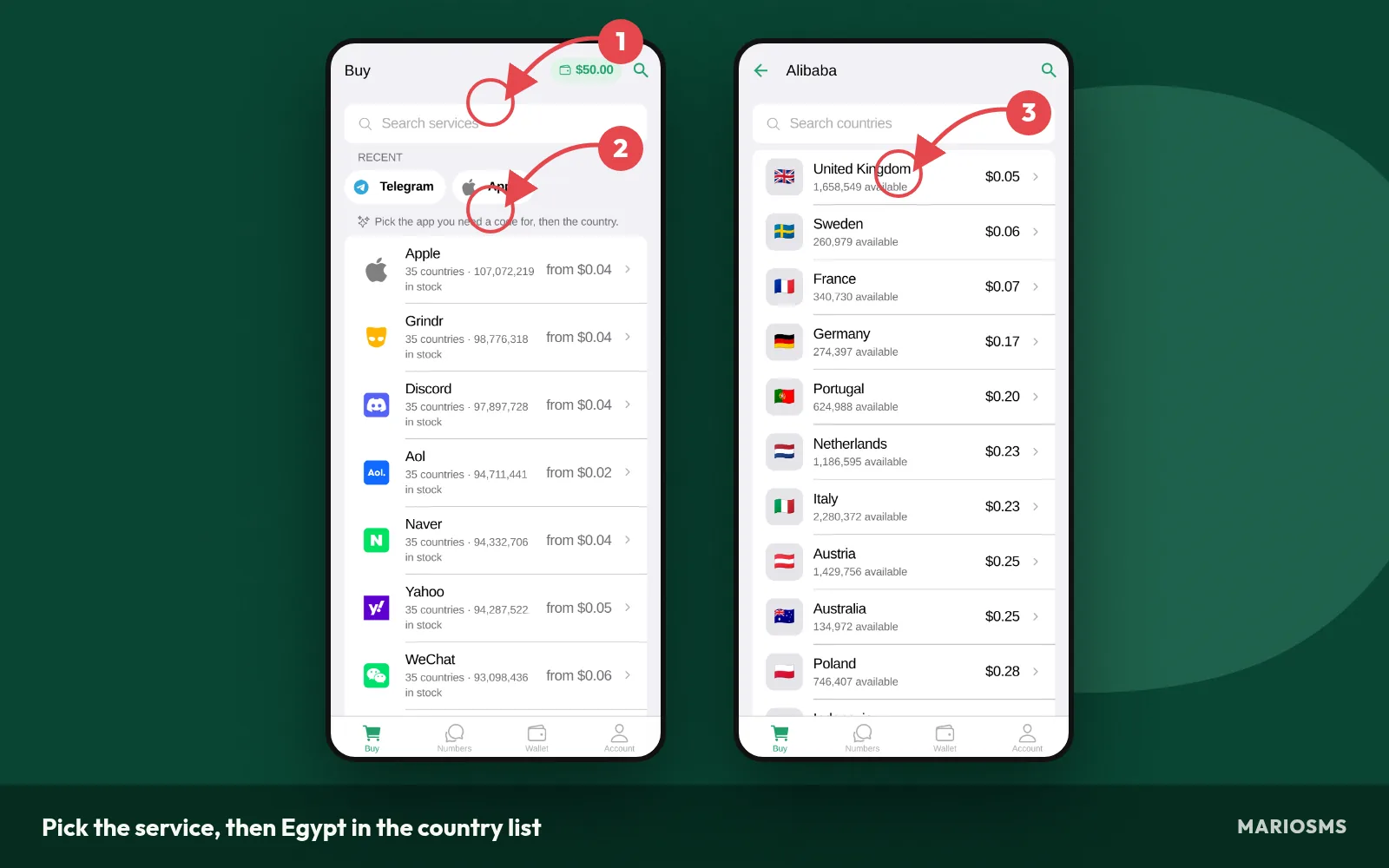 Choosing Egypt in the MarioSMS app