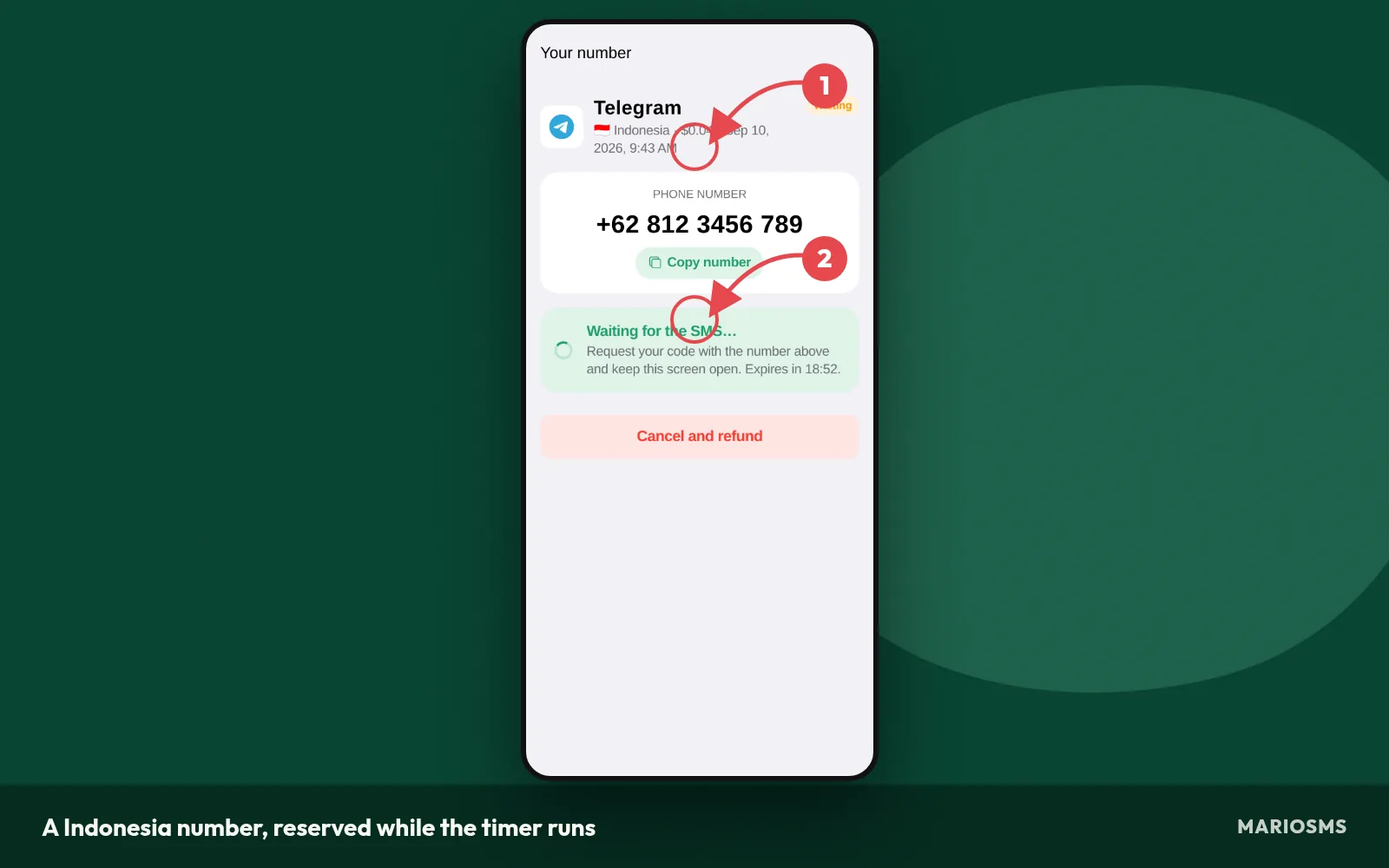 A Indonesia number waiting for an SMS code