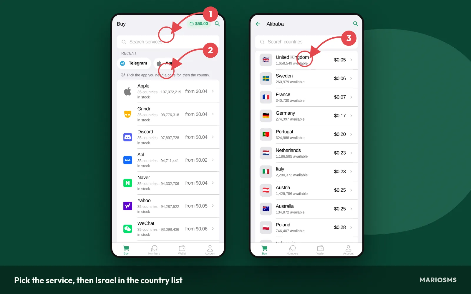 Choosing Israel in the MarioSMS app