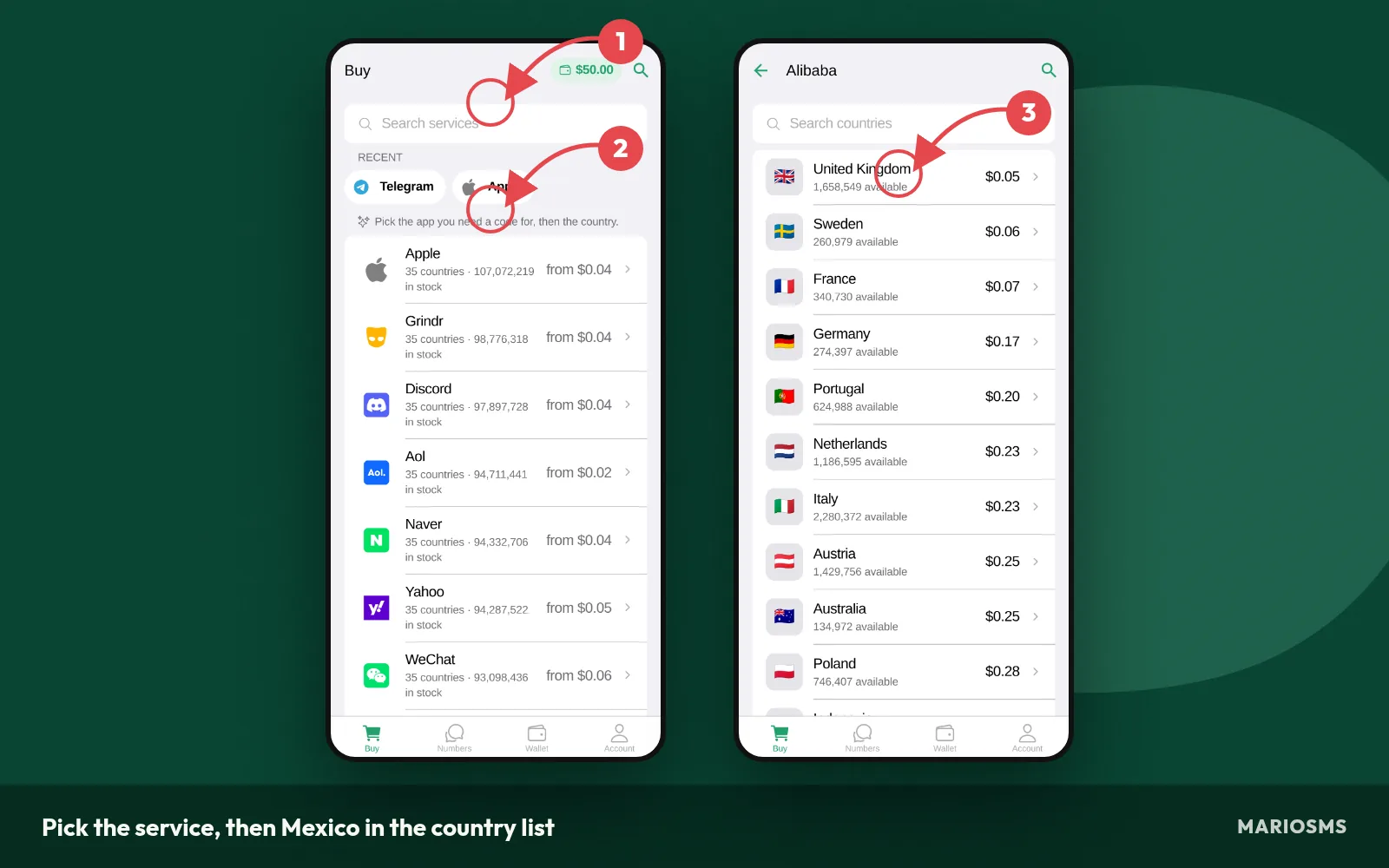 Choosing Mexico in the MarioSMS app