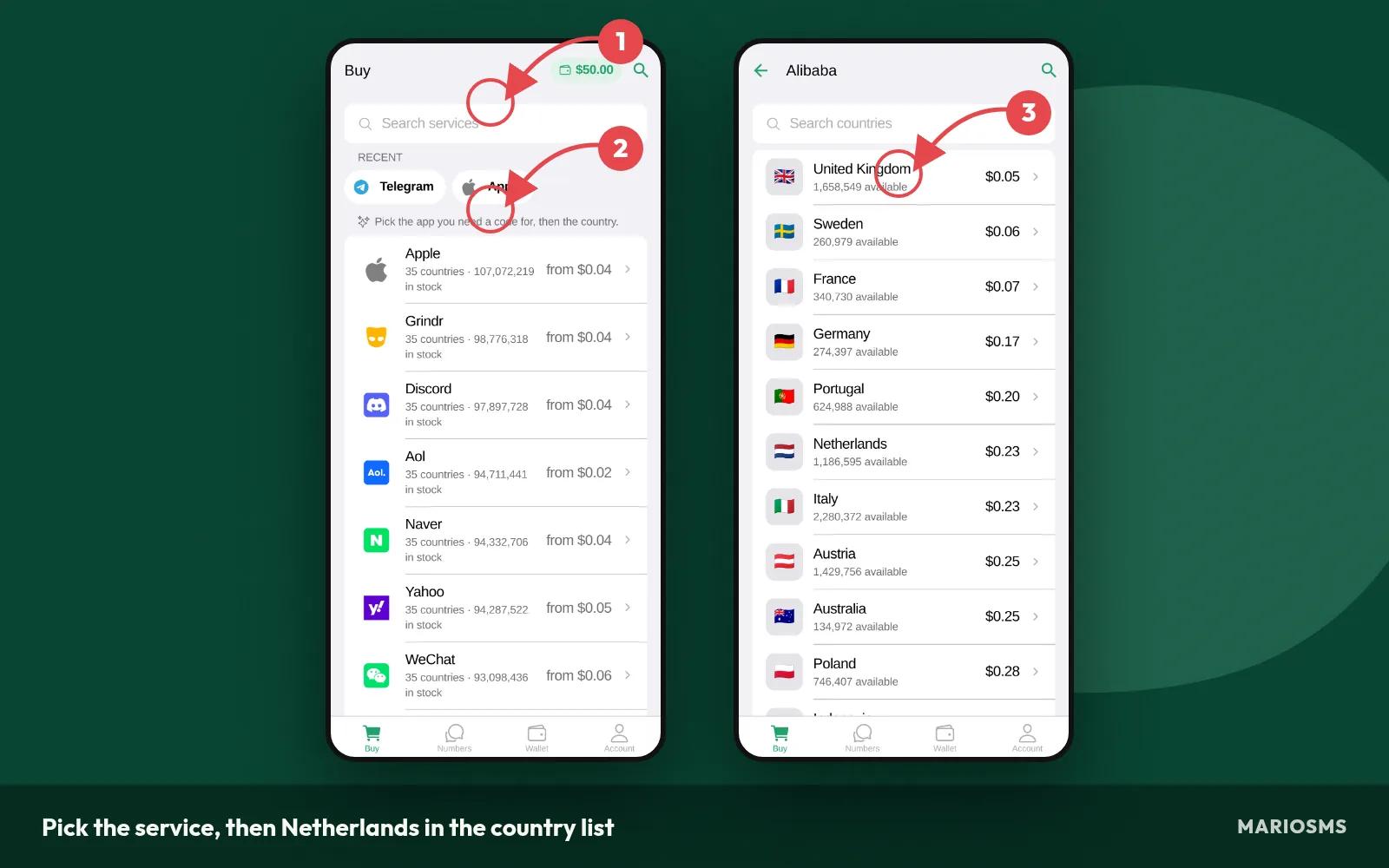 Choosing Netherlands in the MarioSMS app