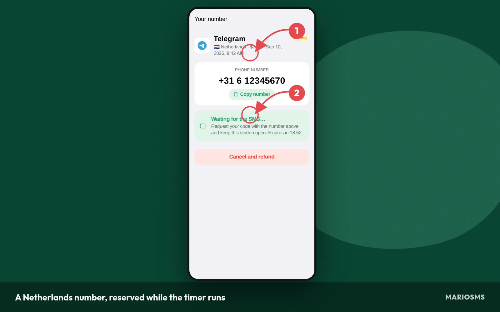 A Netherlands number waiting for an SMS code