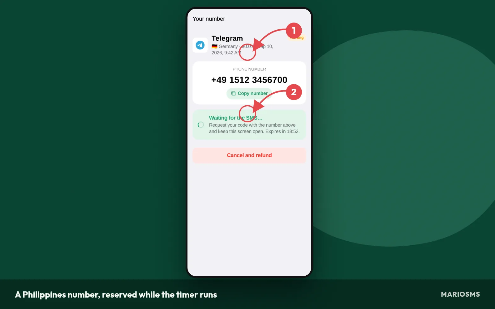 A Philippines number waiting for an SMS code